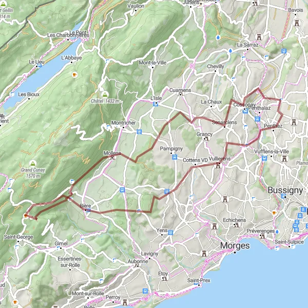 Miniature de la carte de l'inspiration cycliste "Parcours gravier de Chavannes-le-Veyron à Penthaz" dans la Région lémanique, Switzerland. Générée par le planificateur d'itinéraire cycliste Tarmacs.app