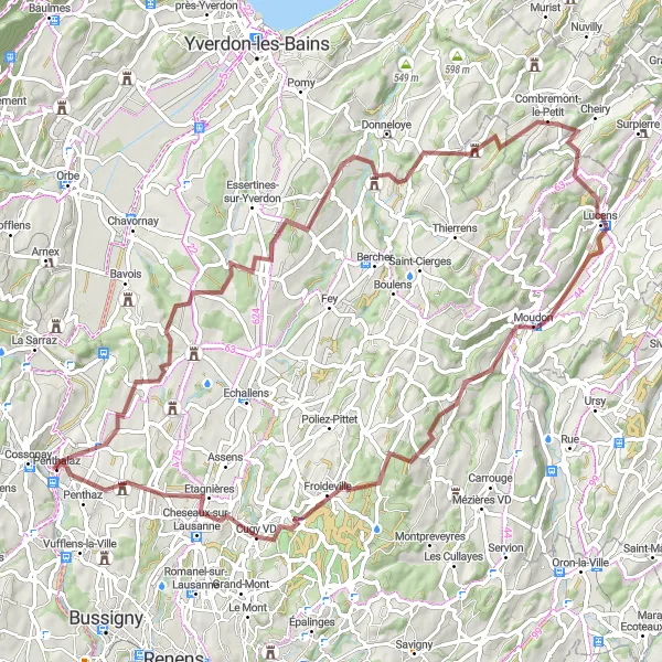 Miniatura della mappa di ispirazione al ciclismo "Gravel loop from Penthalaz" nella regione di Région lémanique, Switzerland. Generata da Tarmacs.app, pianificatore di rotte ciclistiche