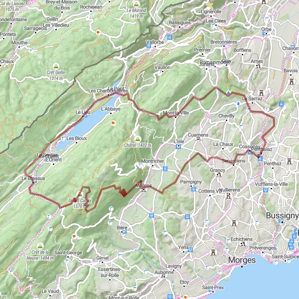 Miniaturní mapa "Gravelová cesta přes kopců okolo Penthalazu" inspirace pro cyklisty v oblasti Région lémanique, Switzerland. Vytvořeno pomocí plánovače tras Tarmacs.app