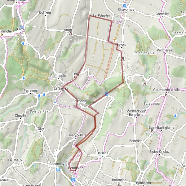 Miniaturní mapa "Výlet z Penthalaz do okolí" inspirace pro cyklisty v oblasti Région lémanique, Switzerland. Vytvořeno pomocí plánovače tras Tarmacs.app