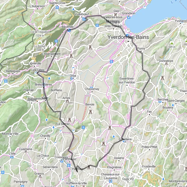 Miniatua del mapa de inspiración ciclista "Penthalaz - Ursins - Yverdon-les-Bains" en Région lémanique, Switzerland. Generado por Tarmacs.app planificador de rutas ciclistas