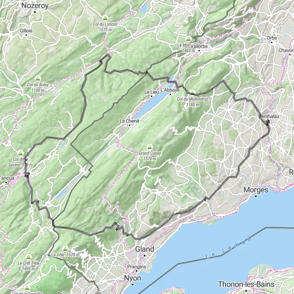 Map miniature of "Luins and Les Rousses Grand Loop" cycling inspiration in Région lémanique, Switzerland. Generated by Tarmacs.app cycling route planner