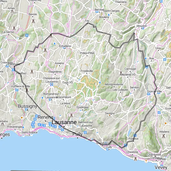 Mapa miniatúra "Silniční okruh kolem Lémanu" cyklistická inšpirácia v Région lémanique, Switzerland. Vygenerované cyklistickým plánovačom trás Tarmacs.app