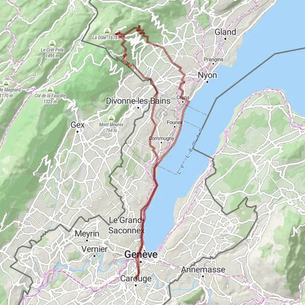 Miniature de la carte de l'inspiration cycliste "Tour du Lac Léman depuis Plan-les-Ouates" dans la Région lémanique, Switzerland. Générée par le planificateur d'itinéraire cycliste Tarmacs.app