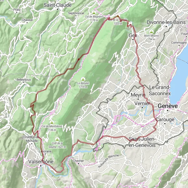 Kartminiatyr av "Utfordrende grusvei til Col de la Faucille" sykkelinspirasjon i Région lémanique, Switzerland. Generert av Tarmacs.app sykkelrutoplanlegger