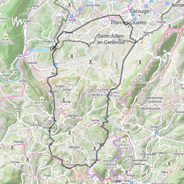 Mapa miniatúra "Trasa Col du Mont Sion - Copponex - La Balme-de-Sillingy - Crêt de Charmont - Valleiry - Le Signal - Bernex" cyklistická inšpirácia v Région lémanique, Switzerland. Vygenerované cyklistickým plánovačom trás Tarmacs.app