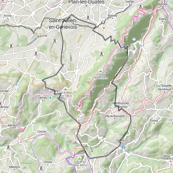 Map miniature of "Archamps and Mont Pelé" cycling inspiration in Région lémanique, Switzerland. Generated by Tarmacs.app cycling route planner