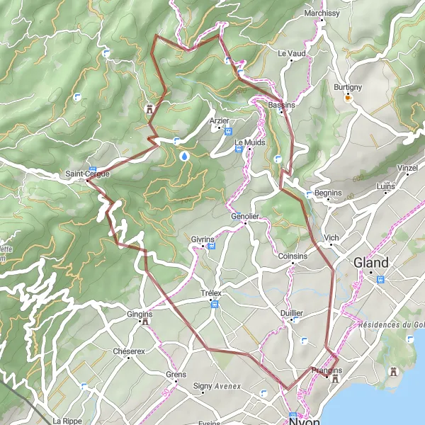 Miniatura della mappa di ispirazione al ciclismo "Tour della Gravel di Saint-Cergue" nella regione di Région lémanique, Switzerland. Generata da Tarmacs.app, pianificatore di rotte ciclistiche