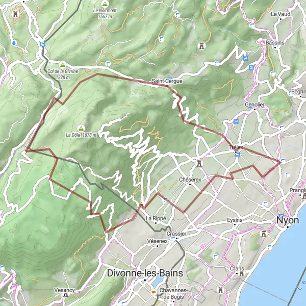 Karttaminiaatyyri "Chéserex and Tabagnoz Gravel Loop" pyöräilyinspiraatiosta alueella Région lémanique, Switzerland. Luotu Tarmacs.app pyöräilyreittisuunnittelijalla