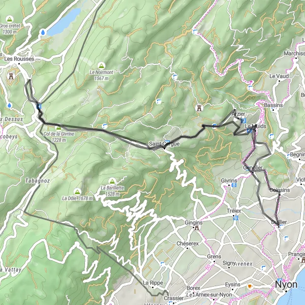 Map miniature of "Prangins to Col de la Givrine Loop" cycling inspiration in Région lémanique, Switzerland. Generated by Tarmacs.app cycling route planner