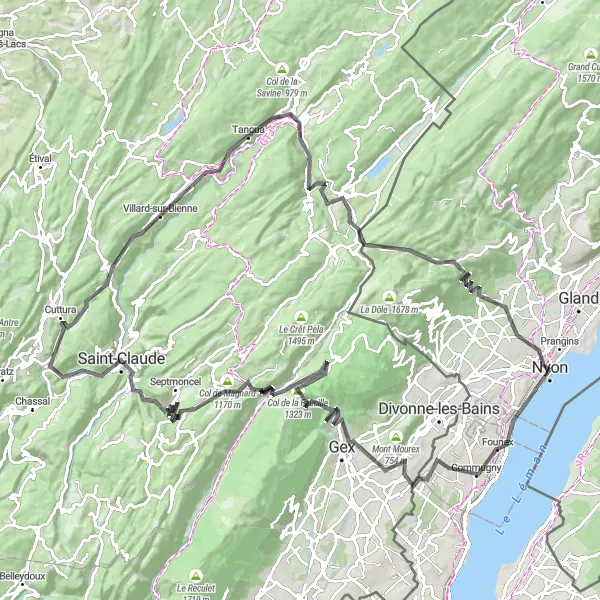Kartminiatyr av "Krevende Alpetur fra Prangins" sykkelinspirasjon i Région lémanique, Switzerland. Generert av Tarmacs.app sykkelrutoplanlegger