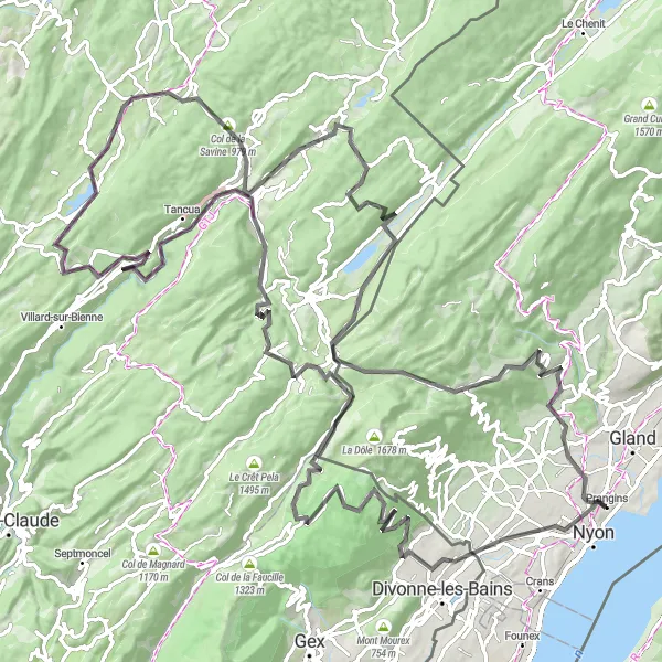 Zemljevid v pomanjšavi "Prangins - Eysins - Prémanon - Lézat - Belvédère de la Bienne - Col de la Savine - Morbier - La Cure - Prangins" kolesarske inspiracije v Région lémanique, Switzerland. Generirano z načrtovalcem kolesarskih poti Tarmacs.app