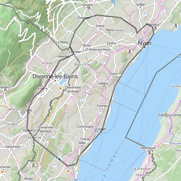 Map miniature of "Nyon to Chéserex Loop" cycling inspiration in Région lémanique, Switzerland. Generated by Tarmacs.app cycling route planner