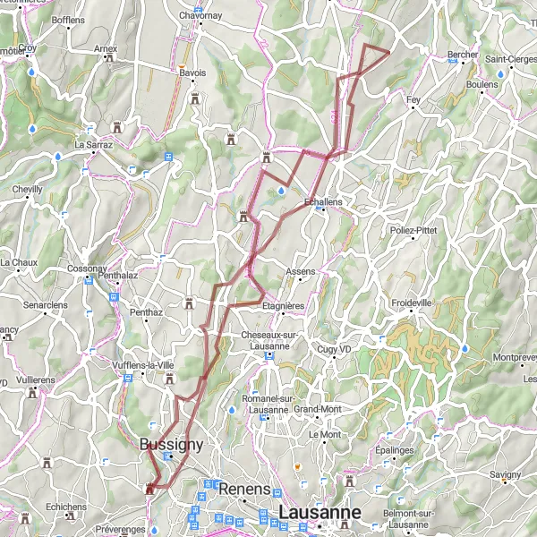 Miniatura della mappa di ispirazione al ciclismo "Gravel a Vuarrens" nella regione di Région lémanique, Switzerland. Generata da Tarmacs.app, pianificatore di rotte ciclistiche