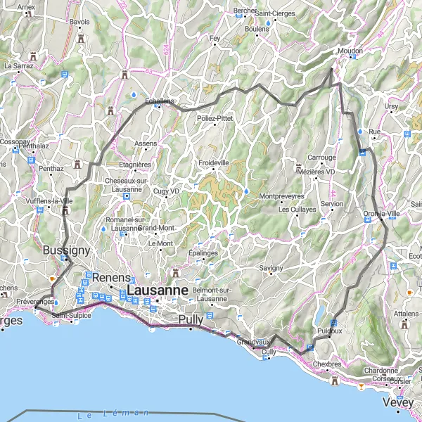 Miniatua del mapa de inspiración ciclista "Excursión ciclista a Saint-Sulpice" en Région lémanique, Switzerland. Generado por Tarmacs.app planificador de rutas ciclistas