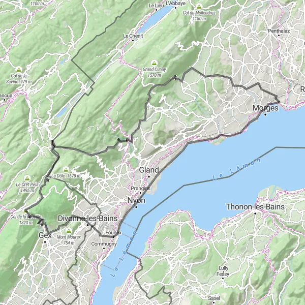Miniatua del mapa de inspiración ciclista "Ruta de ciclismo por carretera de Morges a Le Monteiron" en Région lémanique, Switzerland. Generado por Tarmacs.app planificador de rutas ciclistas
