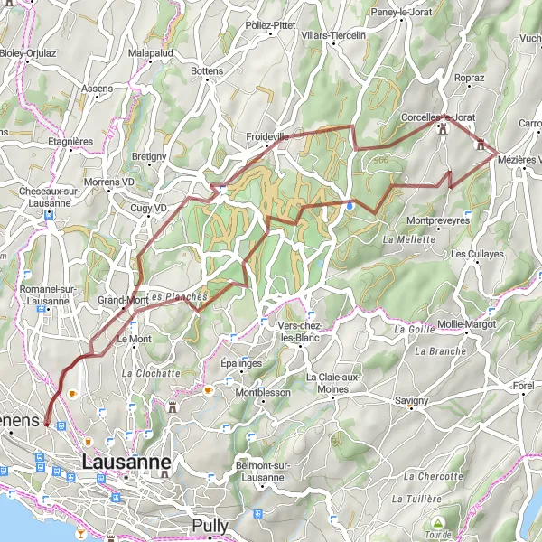 Zemljevid v pomanjšavi "Okoliški hribi in zgodovinski gradovi" kolesarske inspiracije v Région lémanique, Switzerland. Generirano z načrtovalcem kolesarskih poti Tarmacs.app