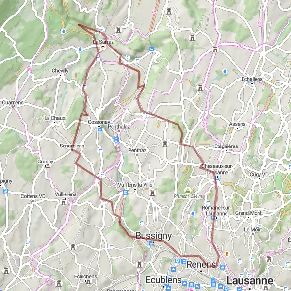 Miniatura della mappa di ispirazione al ciclismo "Esplorazione Gravel tra borghi e vigneti" nella regione di Région lémanique, Switzerland. Generata da Tarmacs.app, pianificatore di rotte ciclistiche