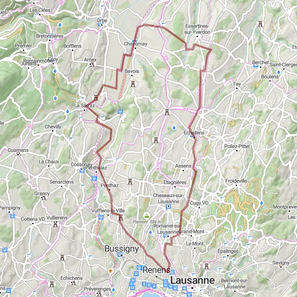 Miniaturní mapa "Trasa z Prilly na kole po místních cestách" inspirace pro cyklisty v oblasti Région lémanique, Switzerland. Vytvořeno pomocí plánovače tras Tarmacs.app