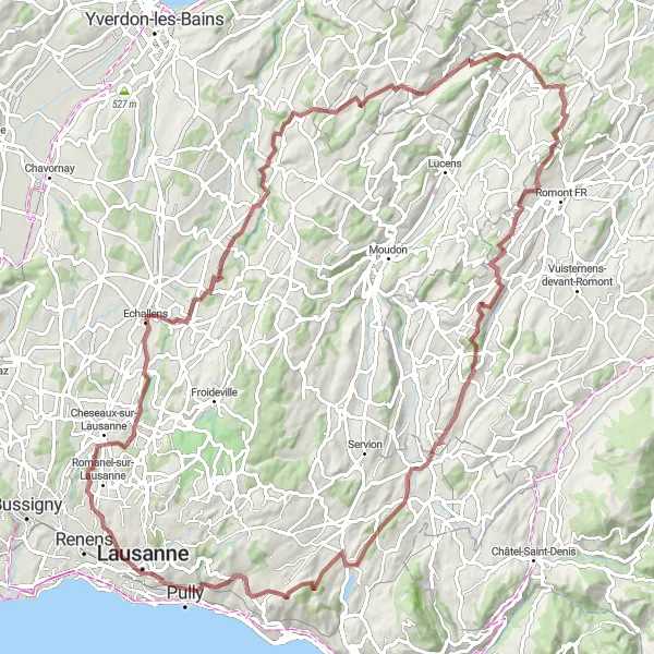 Map miniature of "The Gravel Challenge" cycling inspiration in Région lémanique, Switzerland. Generated by Tarmacs.app cycling route planner