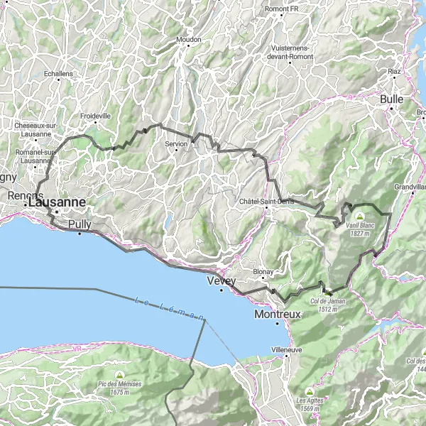 Karttaminiaatyyri "Haastava kierros Prillyn lähistöllä" pyöräilyinspiraatiosta alueella Région lémanique, Switzerland. Luotu Tarmacs.app pyöräilyreittisuunnittelijalla