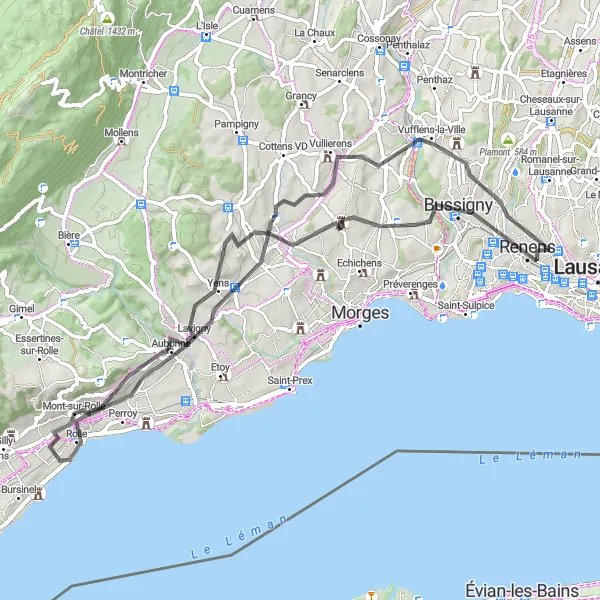 Miniatura della mappa di ispirazione al ciclismo "Scopri i panorami mozzafiato di Rolle e Féchy" nella regione di Région lémanique, Switzerland. Generata da Tarmacs.app, pianificatore di rotte ciclistiche