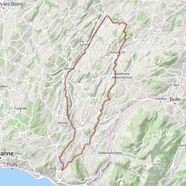 Zemljevid v pomanjšavi "Razgibana pot mimo Puidouxa" kolesarske inspiracije v Région lémanique, Switzerland. Generirano z načrtovalcem kolesarskih poti Tarmacs.app