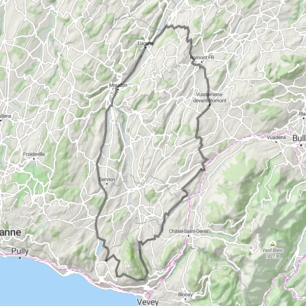 Miniaturekort af cykelinspirationen "Bakker og smukke landskaber omkring Puidoux" i Région lémanique, Switzerland. Genereret af Tarmacs.app cykelruteplanlægger