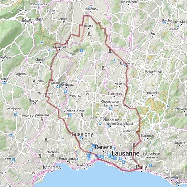 Kartminiatyr av "Grusvägar i Léman" cykelinspiration i Région lémanique, Switzerland. Genererad av Tarmacs.app cykelruttplanerare