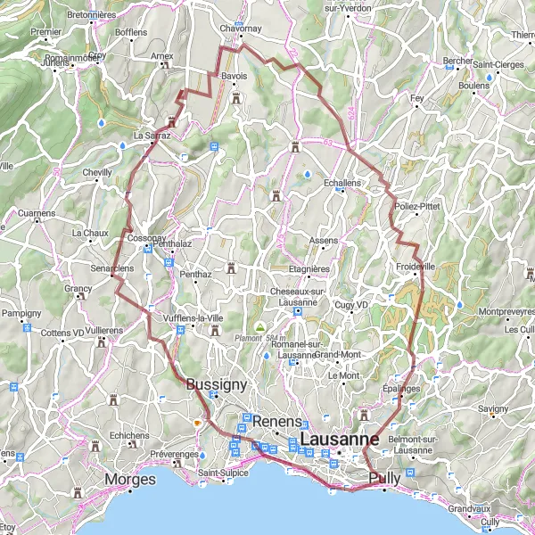 Miniatura della mappa di ispirazione al ciclismo "Scoperta in mountain bike da Pully a Villars-le-Terroir" nella regione di Région lémanique, Switzerland. Generata da Tarmacs.app, pianificatore di rotte ciclistiche