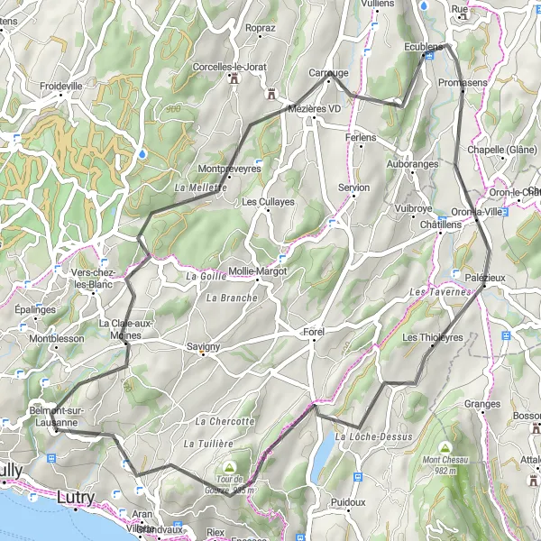 Kartminiatyr av "Kullar och Vyer från Belmont-sur-Lausanne" cykelinspiration i Région lémanique, Switzerland. Genererad av Tarmacs.app cykelruttplanerare