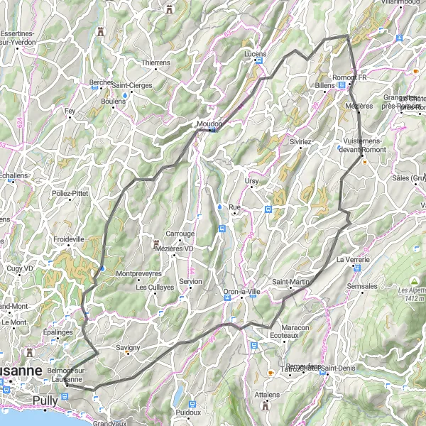 Kartminiatyr av "Oppdag Palézieux på en 76 km lang sykkeltur fra Belmont-sur-Lausanne" sykkelinspirasjon i Région lémanique, Switzerland. Generert av Tarmacs.app sykkelrutoplanlegger