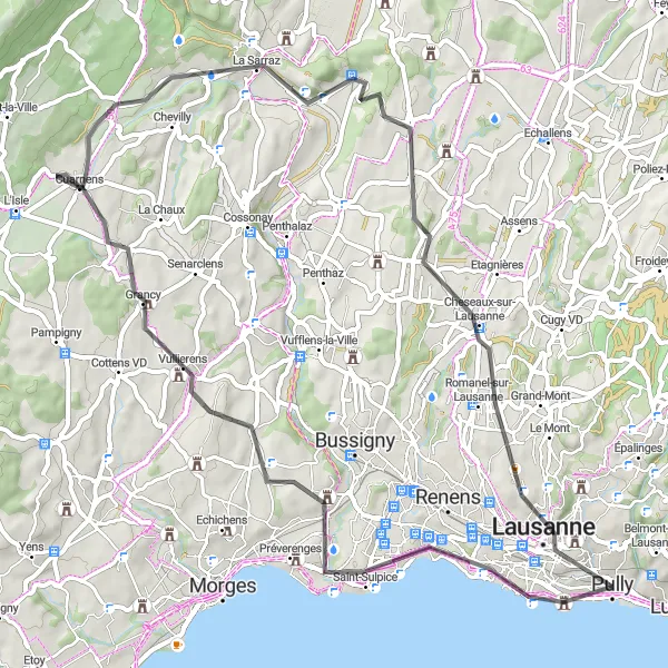 Miniatua del mapa de inspiración ciclista "Vuelta por carretera a través de La Sarraz y Romanel-sur-Lausanne" en Région lémanique, Switzerland. Generado por Tarmacs.app planificador de rutas ciclistas
