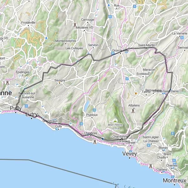 Miniatua del mapa de inspiración ciclista "Ruta de ciclismo de carretera desde Pully" en Région lémanique, Switzerland. Generado por Tarmacs.app planificador de rutas ciclistas