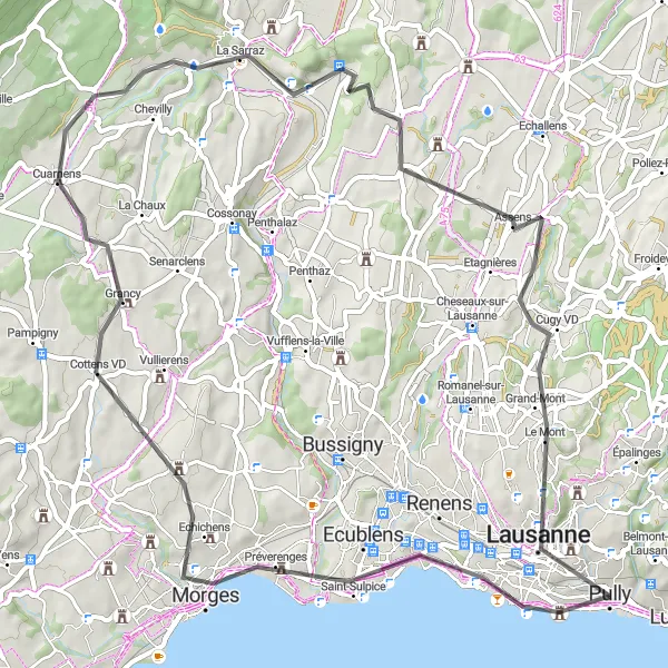 Miniatura della mappa di ispirazione al ciclismo "Itinerario da Pully a Le Mont con vista sul lago" nella regione di Région lémanique, Switzerland. Generata da Tarmacs.app, pianificatore di rotte ciclistiche