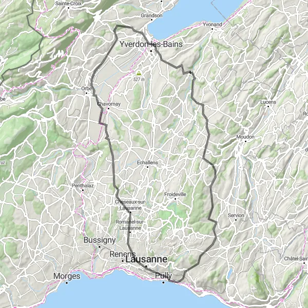 Miniatura della mappa di ispirazione al ciclismo "Giro in bicicletta dalla Pully a Yverdon-les-Bains" nella regione di Région lémanique, Switzerland. Generata da Tarmacs.app, pianificatore di rotte ciclistiche