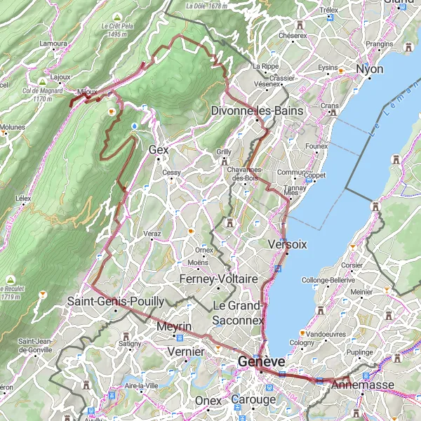 Miniatura della mappa di ispirazione al ciclismo "Giro in Gravel verso Mt Chanais" nella regione di Région lémanique, Switzerland. Generata da Tarmacs.app, pianificatore di rotte ciclistiche