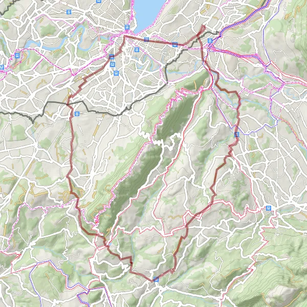 Miniaturekort af cykelinspirationen "Grusvejscykelrute til Château de Groisy" i Région lémanique, Switzerland. Genereret af Tarmacs.app cykelruteplanlægger