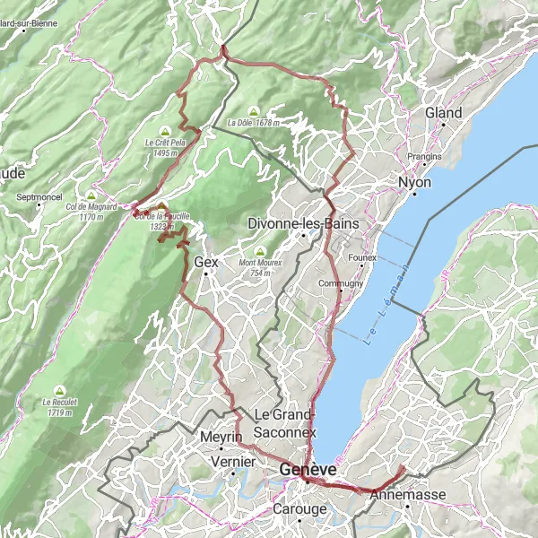 Miniatura della mappa di ispirazione al ciclismo "Tour Gravel tra Belvédère e Puplinge" nella regione di Région lémanique, Switzerland. Generata da Tarmacs.app, pianificatore di rotte ciclistiche