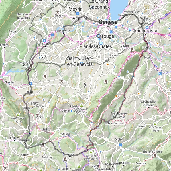 Miniatua del mapa de inspiración ciclista "Ruta de Carretera de Mont Gosse a Vandoeuvres" en Région lémanique, Switzerland. Generado por Tarmacs.app planificador de rutas ciclistas