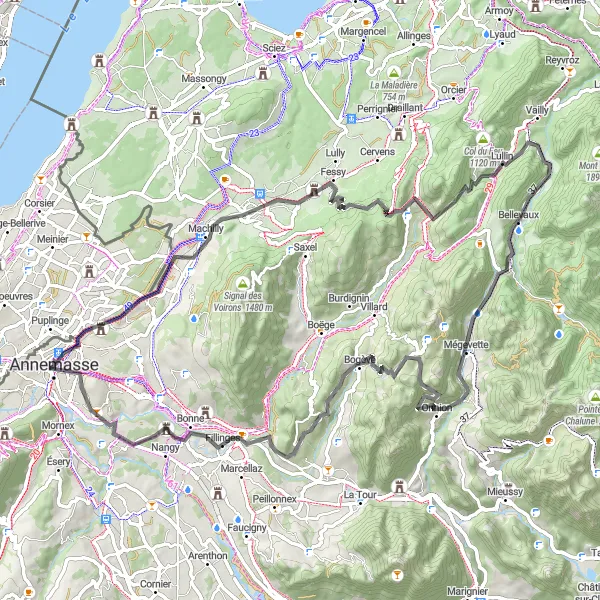 Miniaturekort af cykelinspirationen "Udfordrende landevejscykelrute til Col des Arces" i Région lémanique, Switzerland. Genereret af Tarmacs.app cykelruteplanlægger