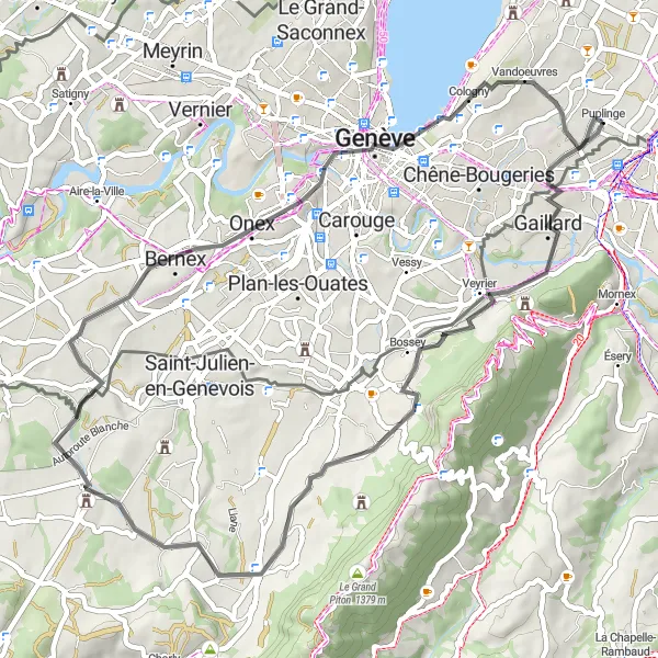 Zemljevid v pomanjšavi "Cestna tura s pogledom na Savojske Alpe" kolesarske inspiracije v Région lémanique, Switzerland. Generirano z načrtovalcem kolesarskih poti Tarmacs.app