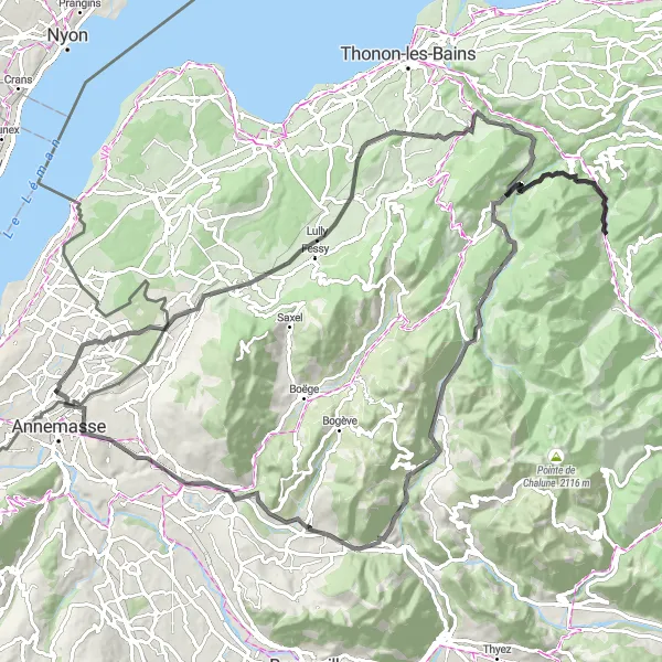 Miniatua del mapa de inspiración ciclista "Ruta de 105 km desde Puplinge a Puplinge" en Région lémanique, Switzerland. Generado por Tarmacs.app planificador de rutas ciclistas