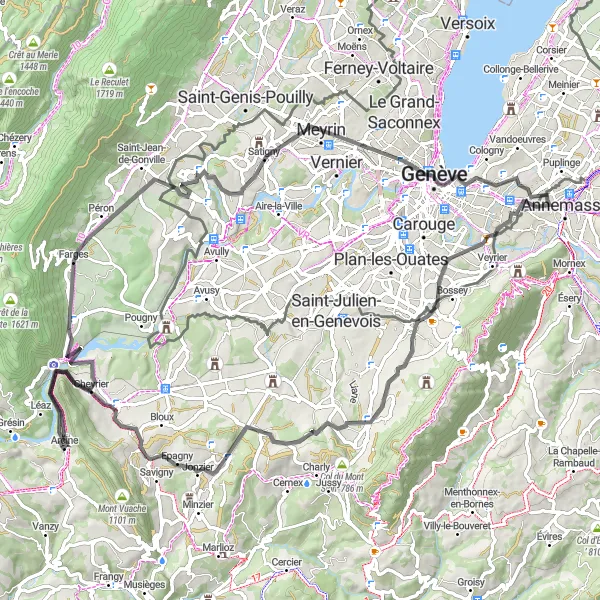 Miniatuurkaart van de fietsinspiratie "Tocht rondom Puplinge via Thônex" in Région lémanique, Switzerland. Gemaakt door de Tarmacs.app fietsrouteplanner