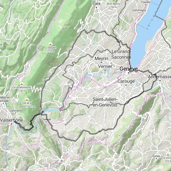 Mapa miniatúra "Cesta cez kopce Genf - Thoiry" cyklistická inšpirácia v Région lémanique, Switzerland. Vygenerované cyklistickým plánovačom trás Tarmacs.app