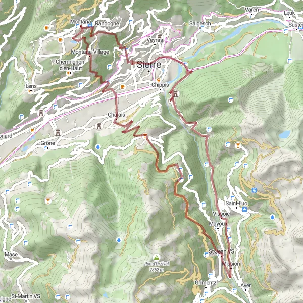 Mapa miniatúra "Zaujímavá cesta okolo Randogne" cyklistická inšpirácia v Région lémanique, Switzerland. Vygenerované cyklistickým plánovačom trás Tarmacs.app