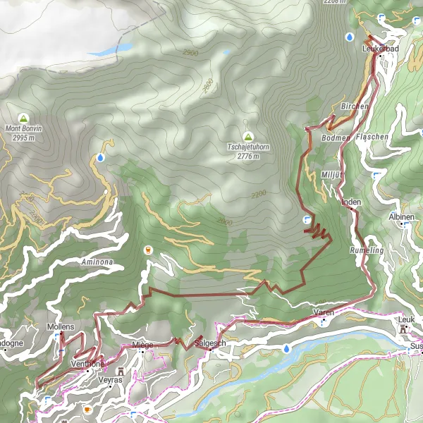 Miniatura della mappa di ispirazione al ciclismo "Tour in mountain bike tra Leukerbad e Venthône" nella regione di Région lémanique, Switzerland. Generata da Tarmacs.app, pianificatore di rotte ciclistiche