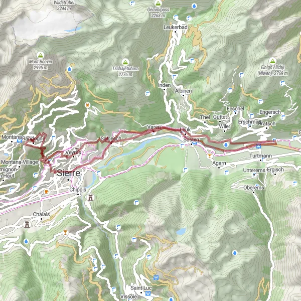 Mapa miniatúra "Gravel okolo Randogne cez Salgesch, Varen a Château des Vidomnes" cyklistická inšpirácia v Région lémanique, Switzerland. Vygenerované cyklistickým plánovačom trás Tarmacs.app