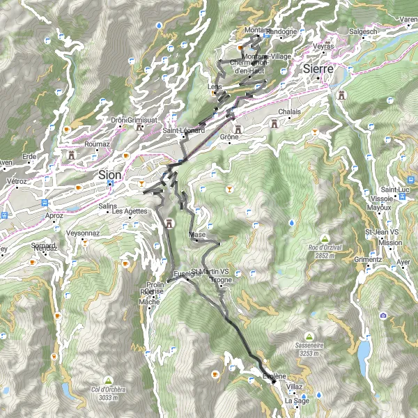 Miniature de la carte de l'inspiration cycliste "Circuit des Alpages du Val d'Hérens" dans la Région lémanique, Switzerland. Générée par le planificateur d'itinéraire cycliste Tarmacs.app