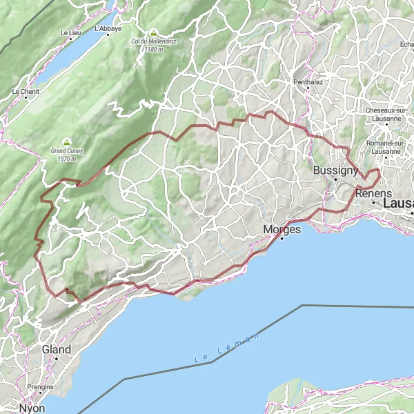Zemljevid v pomanjšavi "Pustolovska makadamska tura blizu Renensa" kolesarske inspiracije v Région lémanique, Switzerland. Generirano z načrtovalcem kolesarskih poti Tarmacs.app